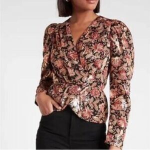 Express Peplum Blouse Top M Metallic Floral Print Faux Wrap Long Sleeve Gold
